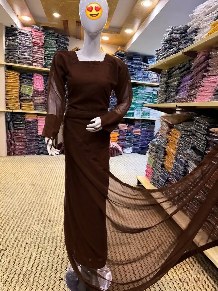2 Pcs Women’s Chiffon Plain Stitched Saree