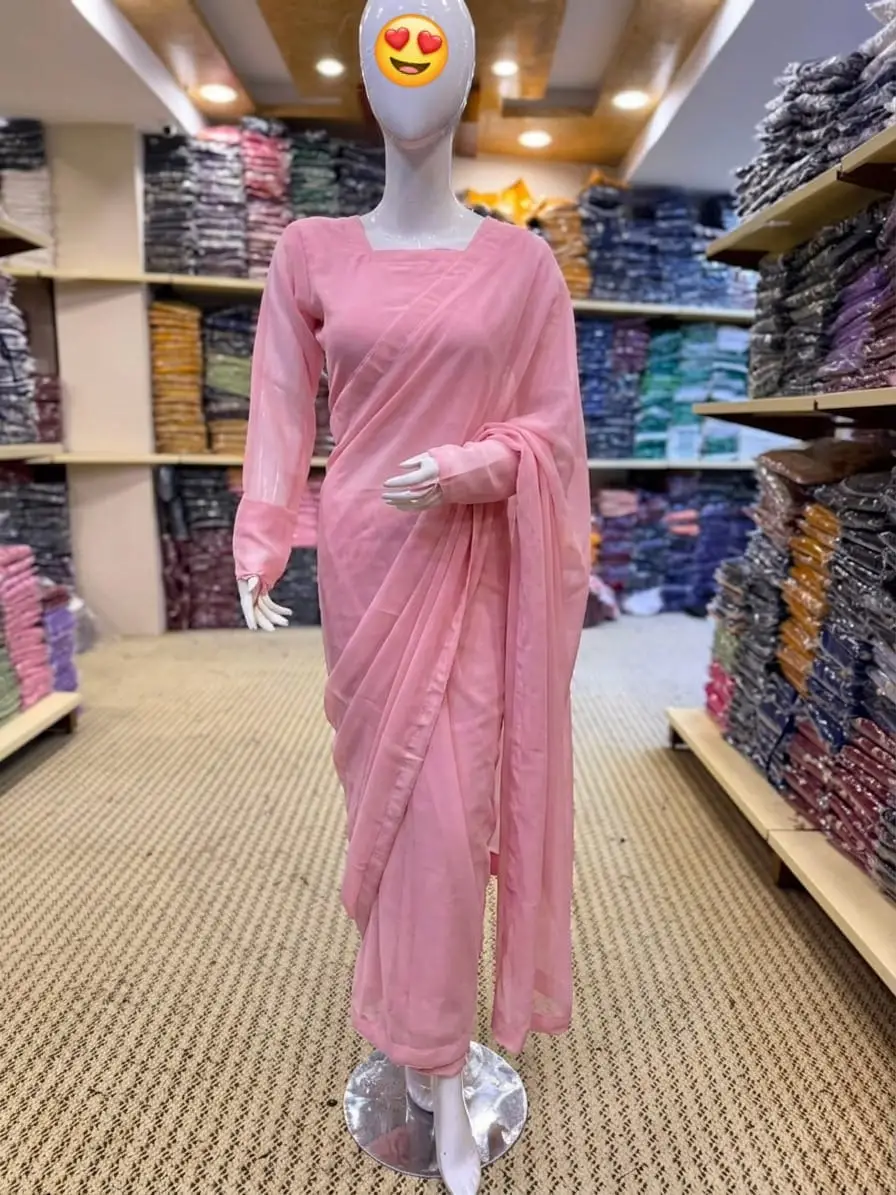 2 Pcs Women’s Chiffon Plain Stitched Saree