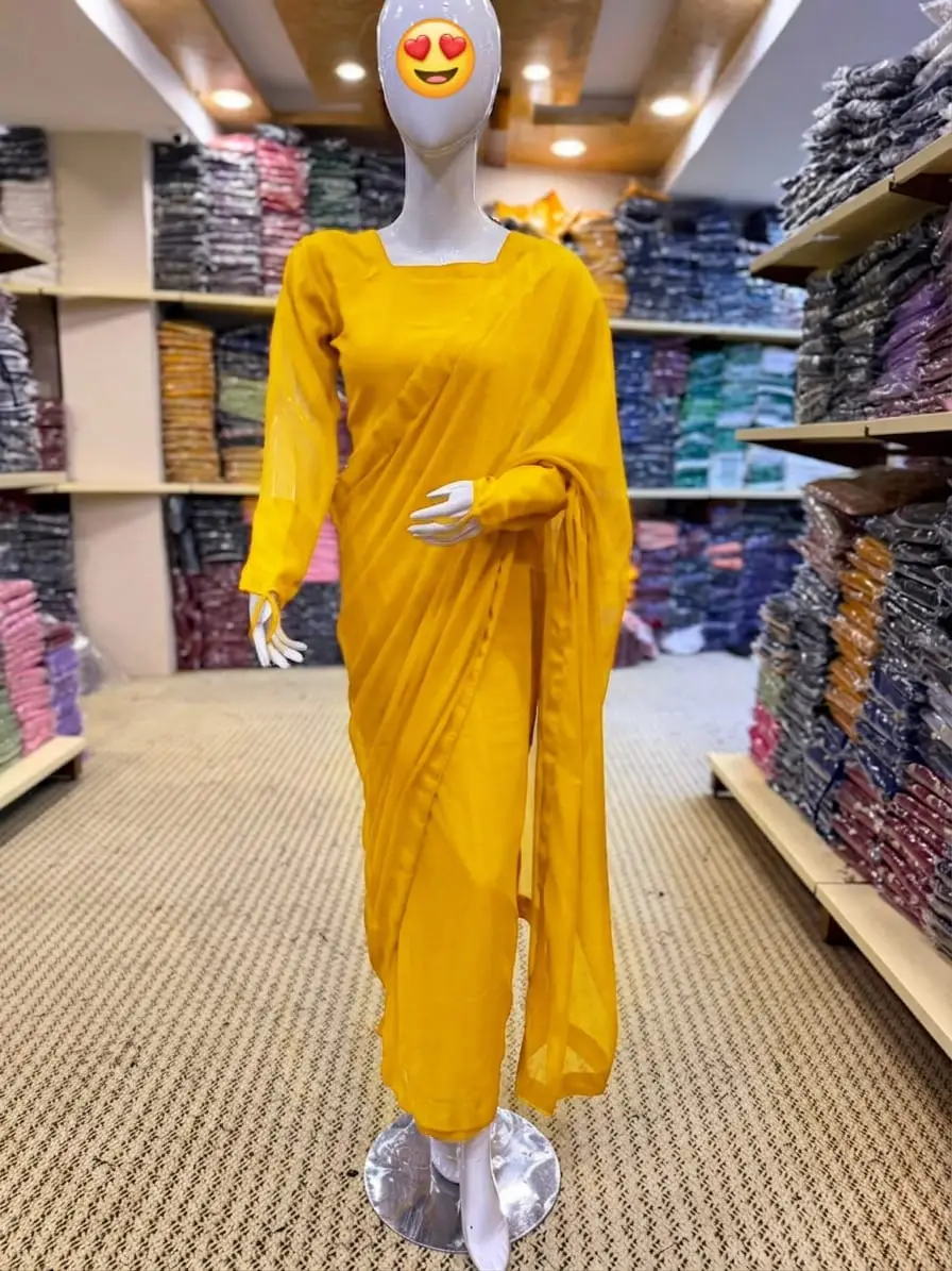 2 Pcs Women’s Chiffon Plain Stitched Saree
