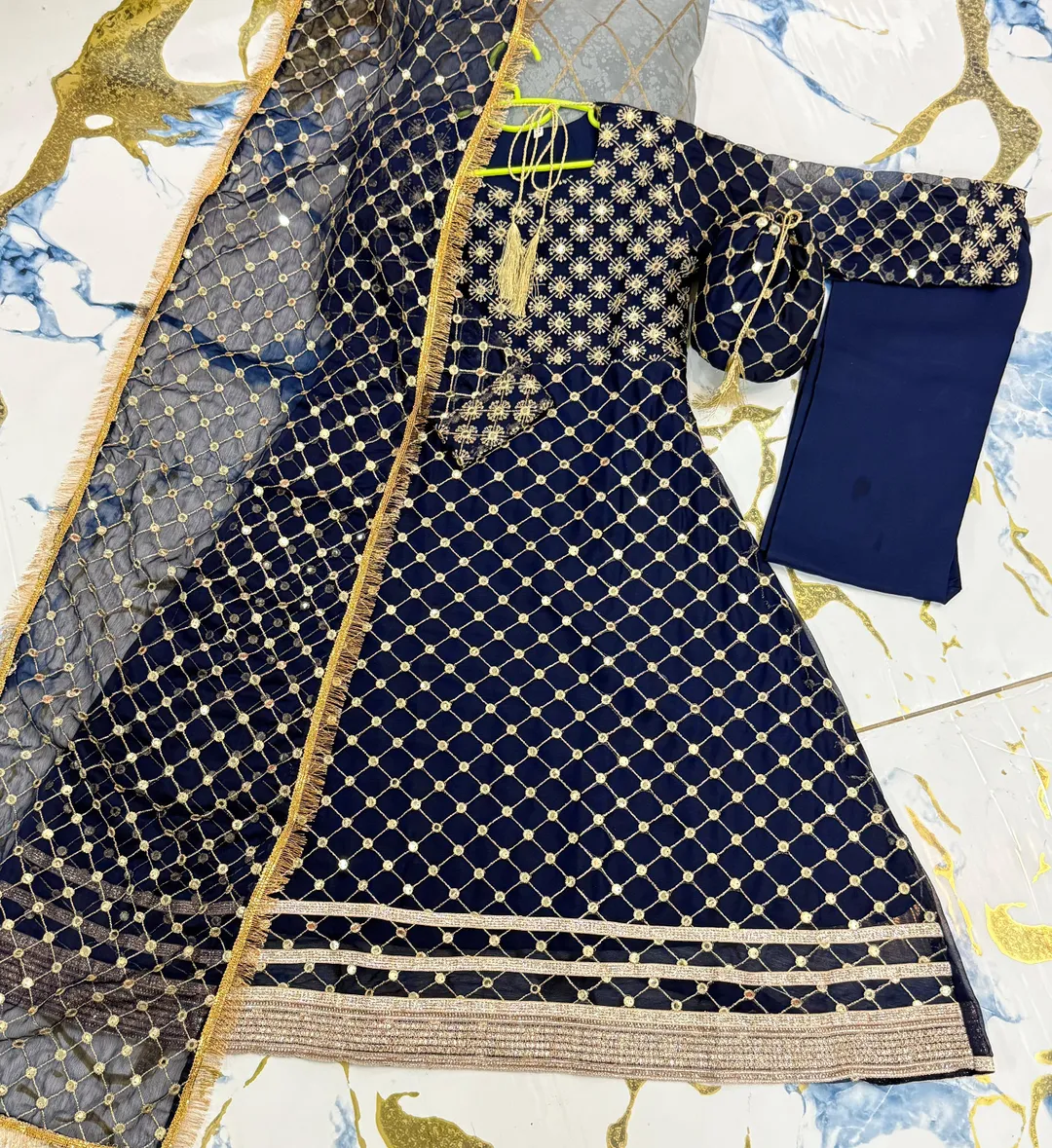 Kids Eid Maxi Dress Blue Chiffon 9MM Work With Dupatta