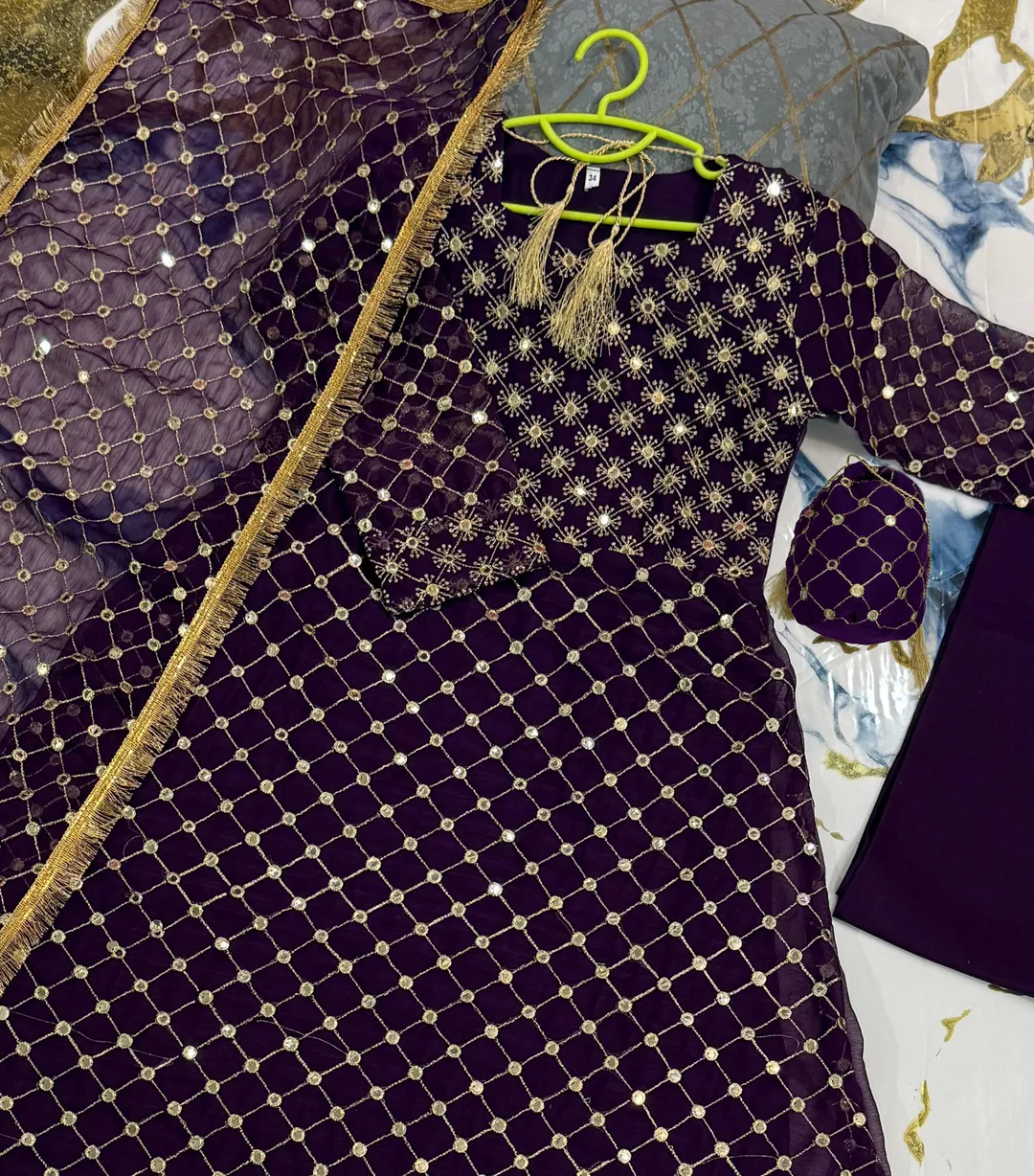 Purple Chiffon Kids Eid Maxi Dress with 9MM Lace Work