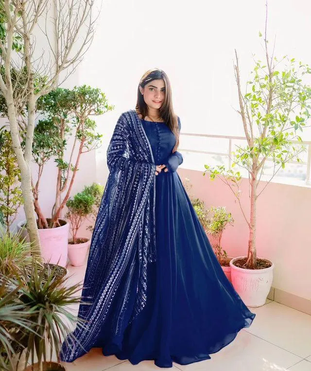 Blue Chiffon 3Pcs Maxi Set With Embroidered Dupatta