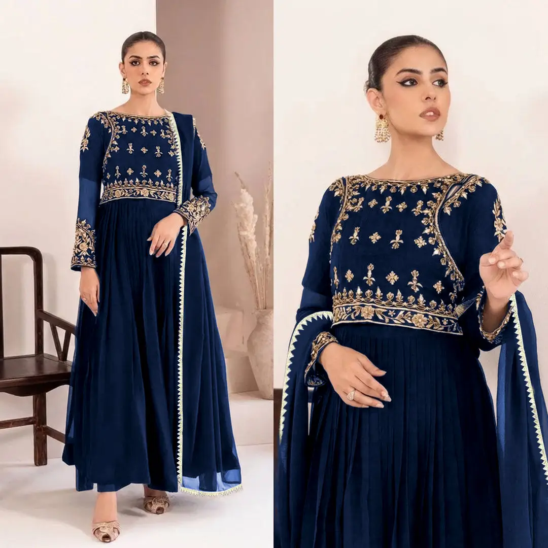 3 Pcs Women's Stitched Chiffon Mirror Work Maxi