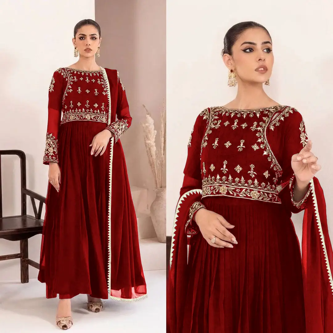 3 Pcs Women's Stitched Chiffon Mirror Work Maxi