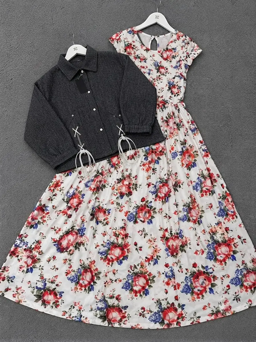 2 Pcs Women's Stitched Cotton Printed Maxi and Jacket