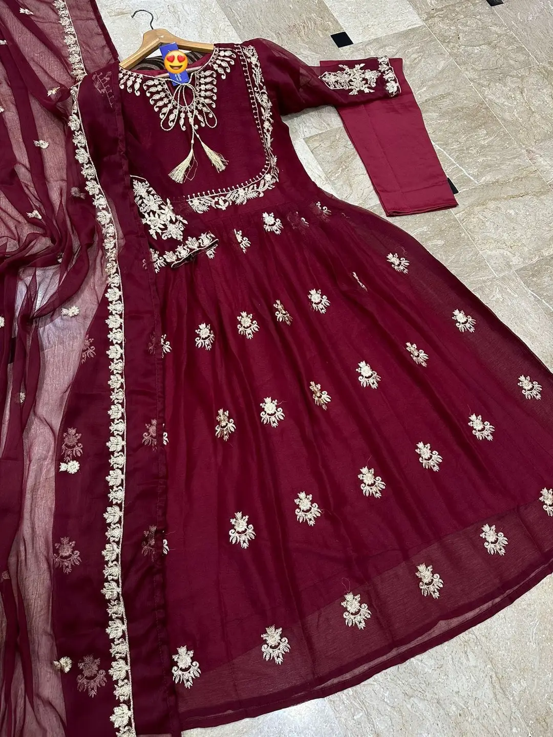 3 Pcs Women's Stitched Chiffon Embroidered Maxi And Trouser