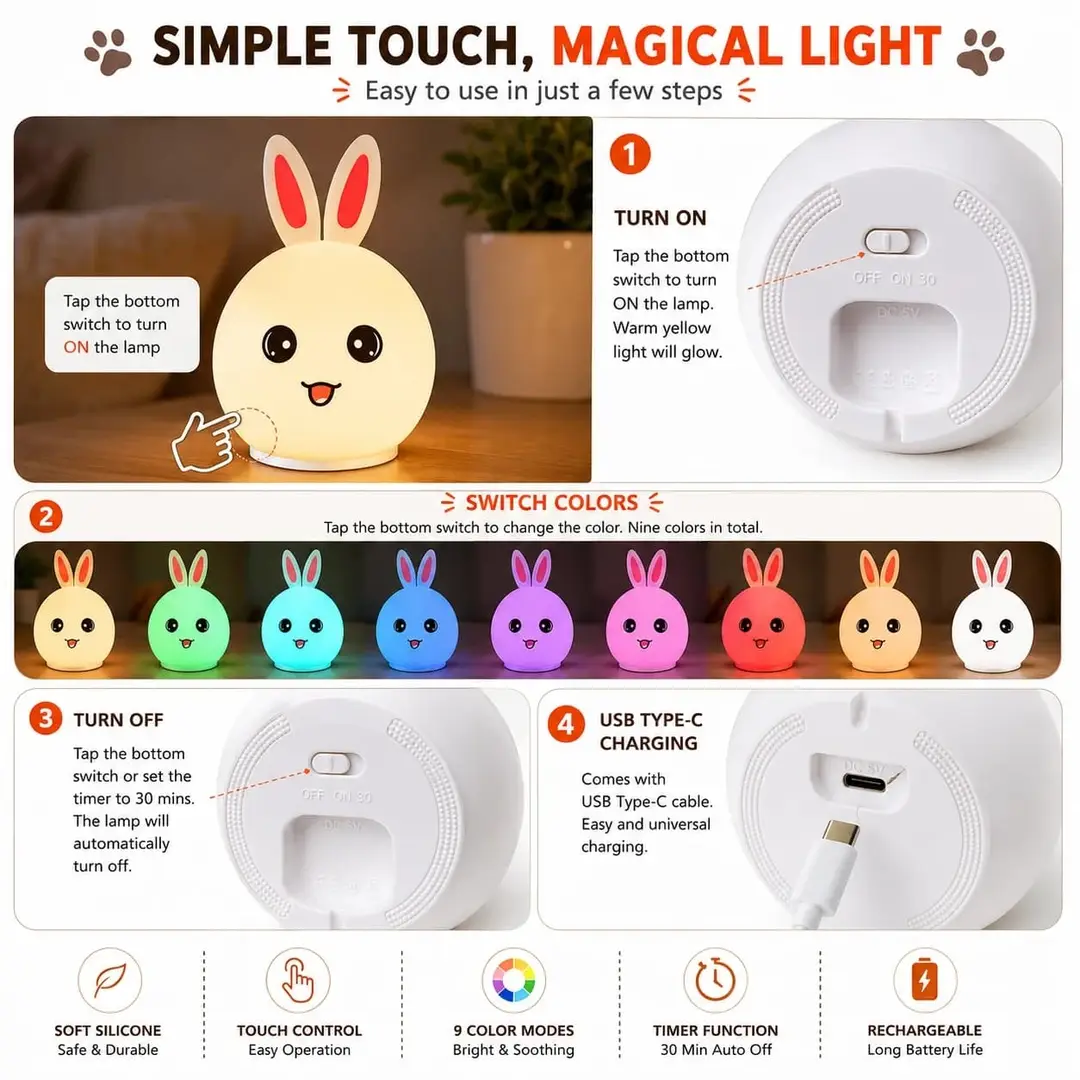 Cute Bunny Silicone Night Lamp Rechargeable Multi Color