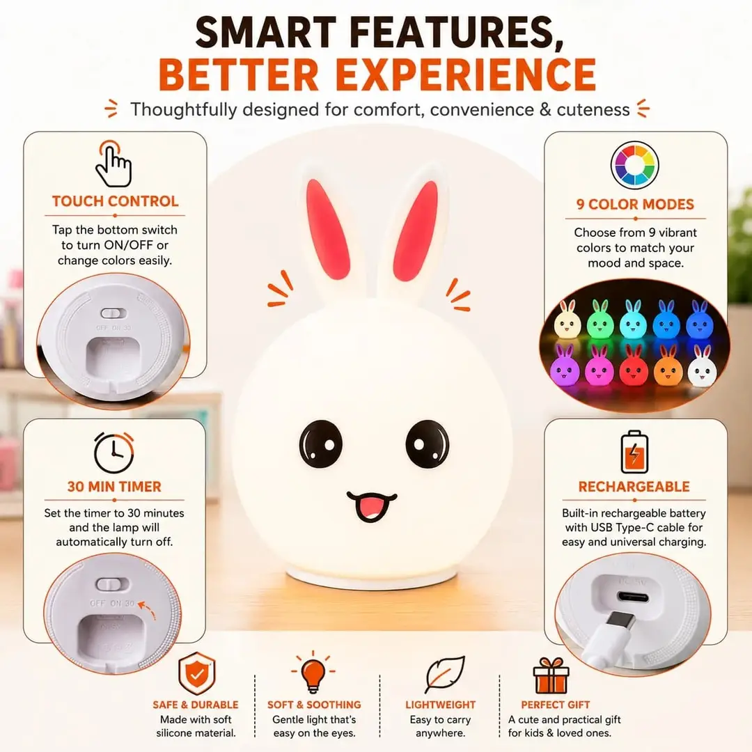 Cute Bunny Silicone Night Lamp Rechargeable Multi Color