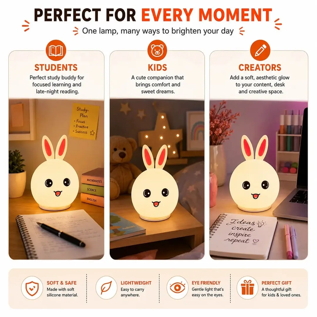 Cute Bunny Silicone Night Lamp Rechargeable Multi Color