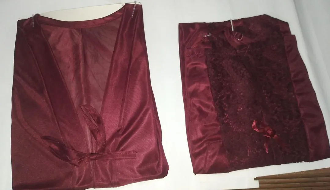 Maroon Silk V-Neck Nightgown Set 2 Pcs
