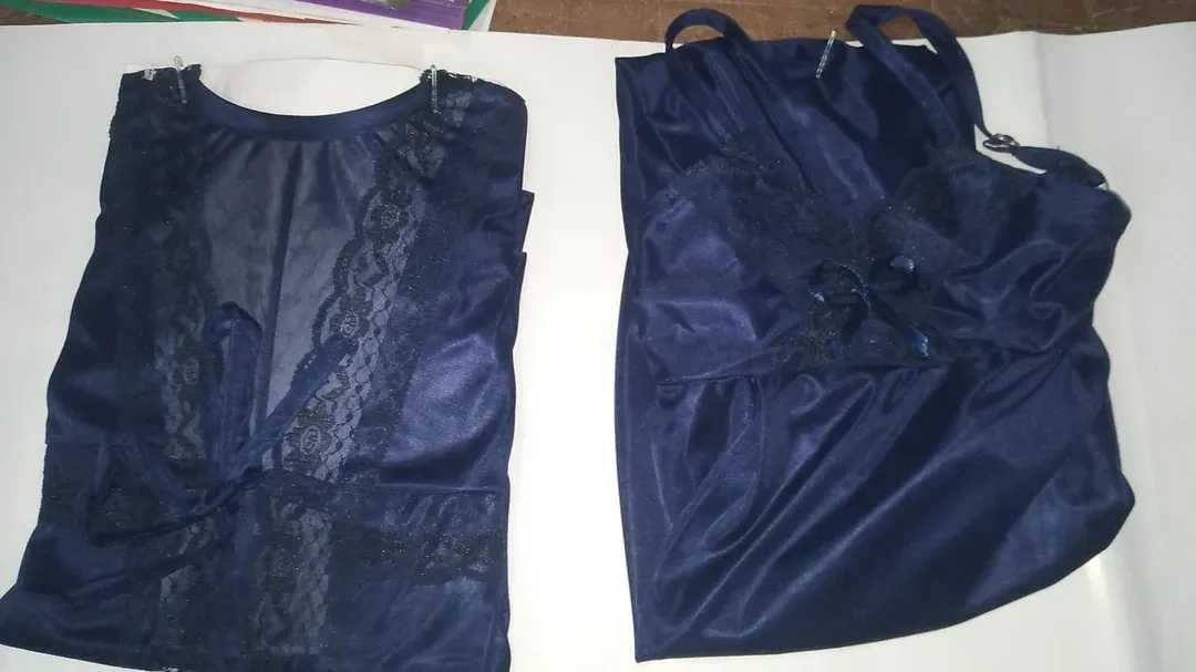 Blue Silk Lace Night Suit 3 Pcs Set