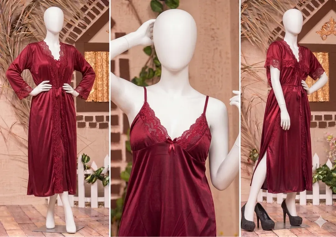 Maroon Silk Lace Night Suit 3 Pcs Women