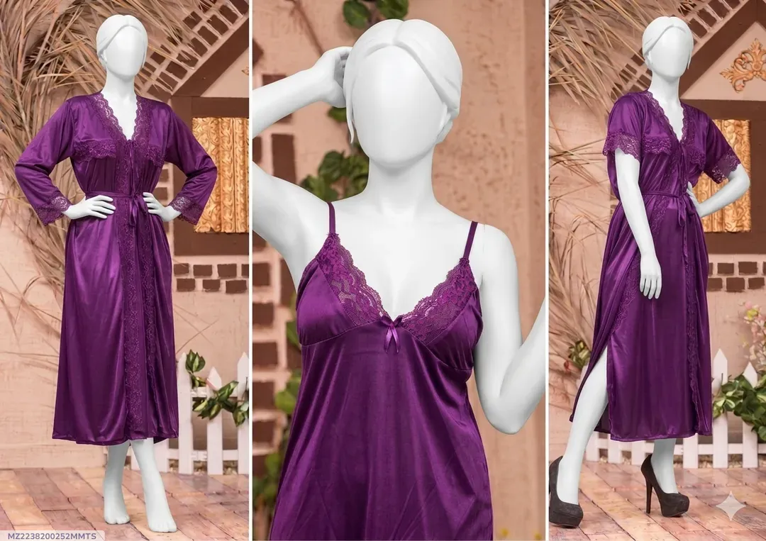 Purple Silk Night Suit 3 Pcs Women V-Neck Lace