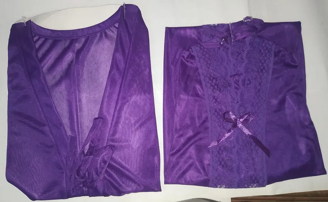 Purple Silk Night Suit 3 Pcs Women V-Neck Lace