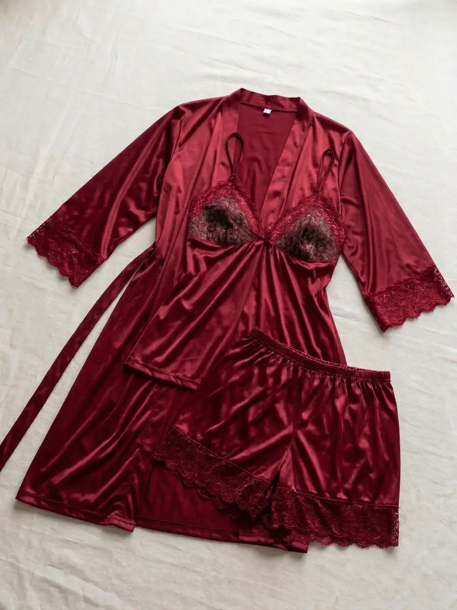 3 Pcs Women's Stitched Silk Lace-Work Night Suit / Premium Nighty For Girls (Gown , Inner , Shorts)
