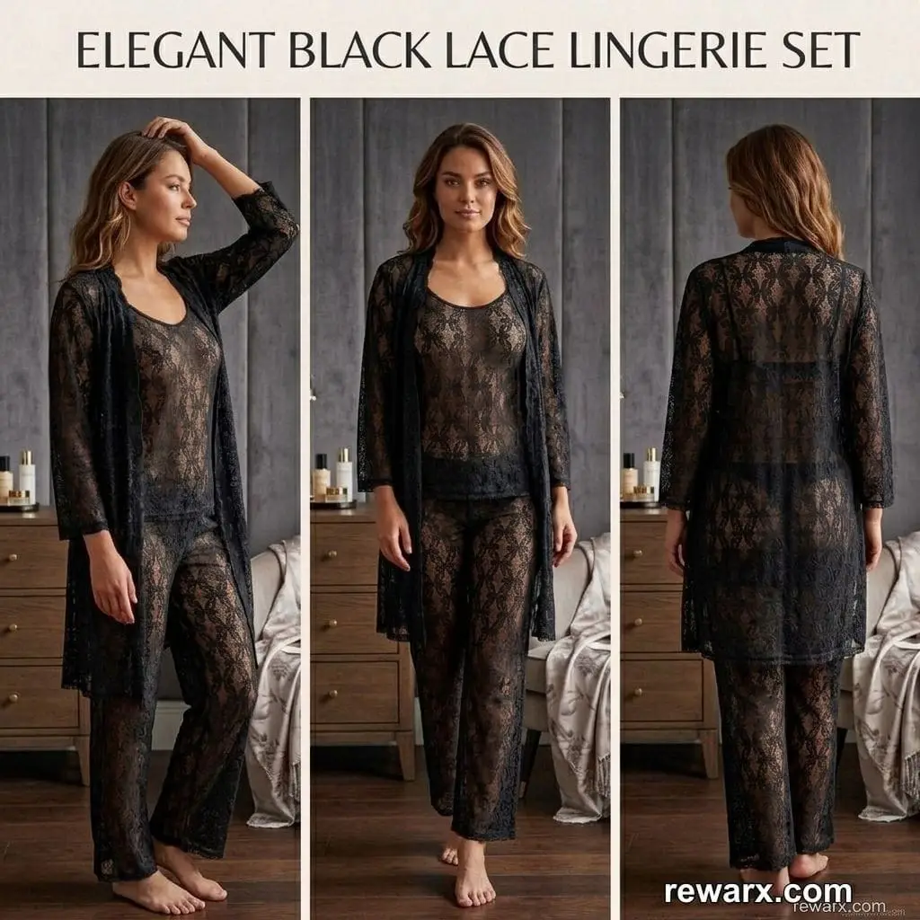 Luxury 3 Pcs TransparentNighty (Gown Inner Trouser)/ Net Lace ComfortableAnd Lightweight Lingerie Set