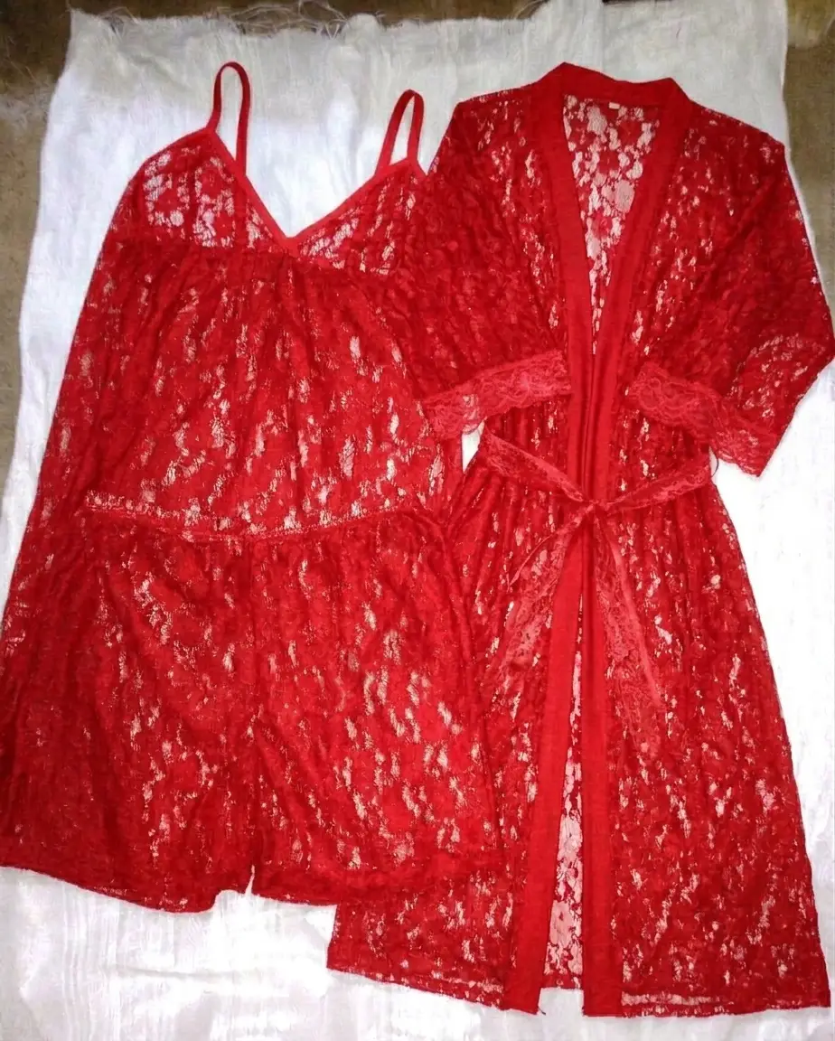 Luxury 3 Pcs Transparent Nighty (Gown Top Shorts)Net Lace Comfortable And Light weight Lingerie Set