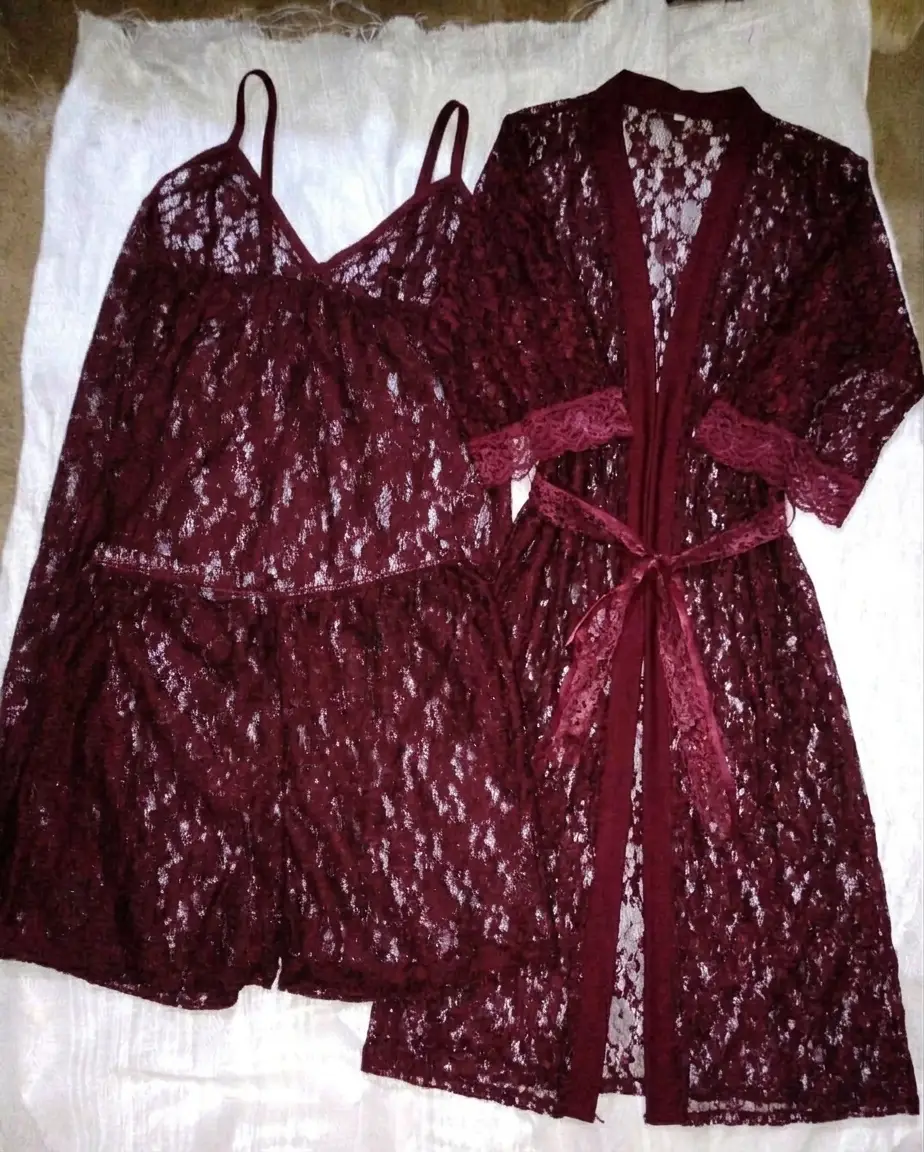 Luxury 3 Pcs Transparent Nighty (Gown Top Shorts)Net Lace Comfortable And Light weight Lingerie Set