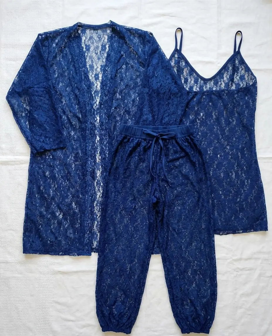 3 Pcs Net Lace Comfortable And Lightweight Lingerie Set / Transparent Nighty (Gown Inner Trouser)