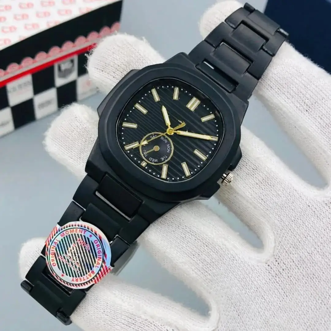 Men Square Watch Black Dial Silver Steel Chain Strap