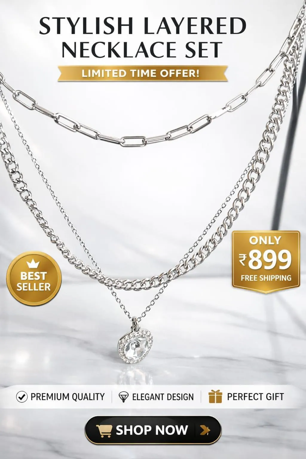 3 Layered Silver Plated Zircon Chain Necklace