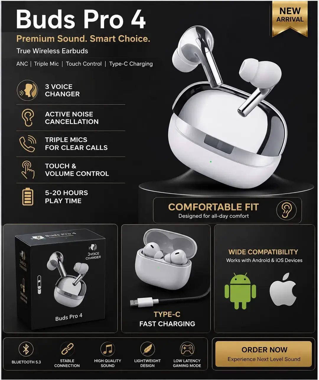 Buds Pro 4 Latest Edition – Premium Wireless Bluetooth Earbuds