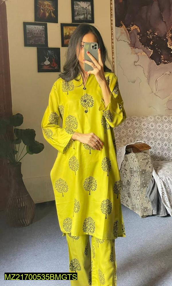2 Pcs Women's Stitched Linen Plain Suit