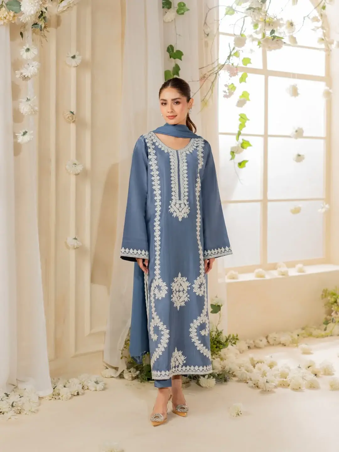 Stunning Embroidered Raw Silk Suit Set - 3 Pcs