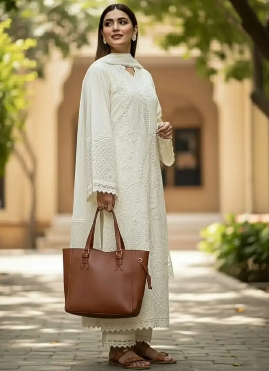 Beige Embroidered 3 Pcs Women's Stitched Suit in Arabic Lawn