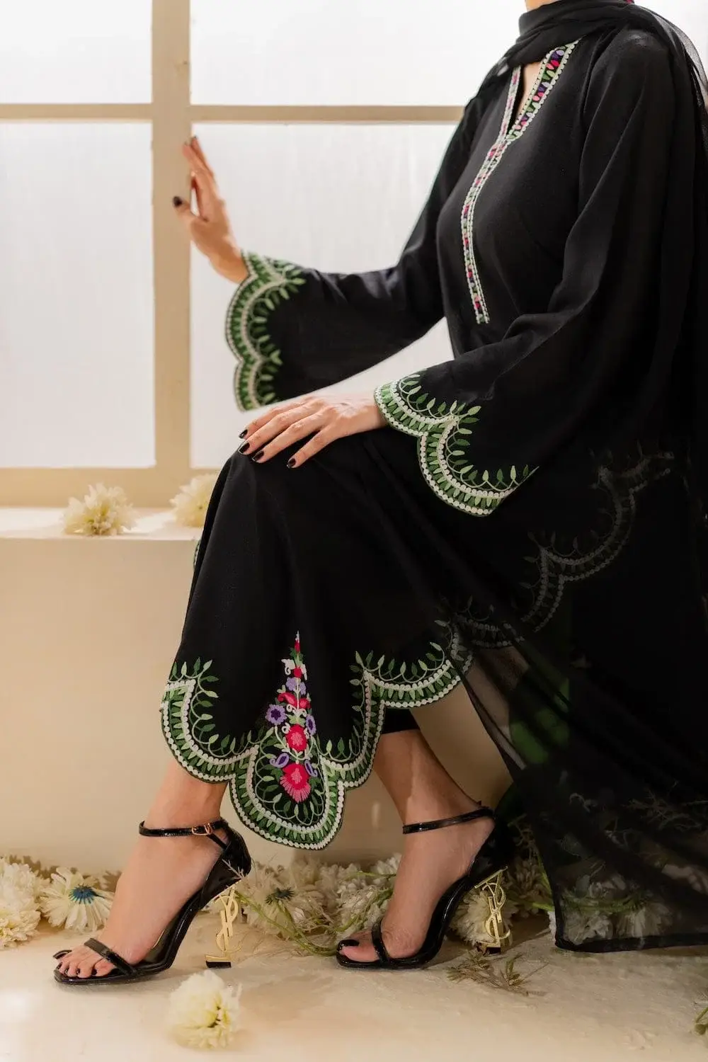 Stunning Black Embroidered Linen Suit - 3 Pcs Set