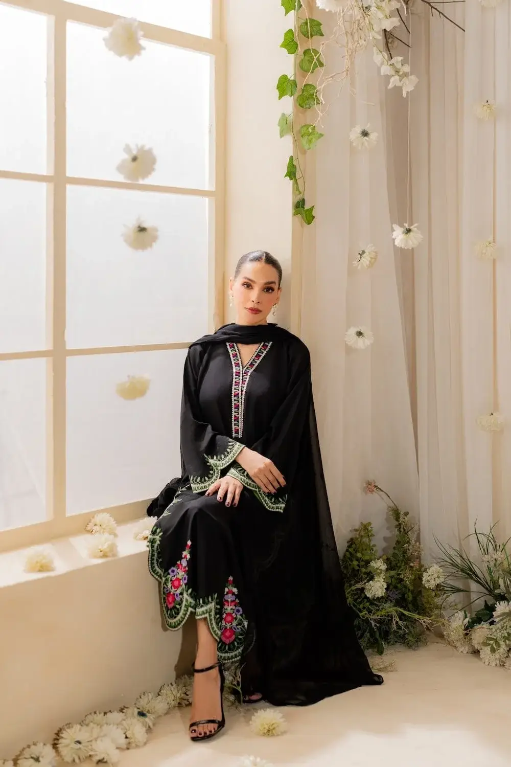 Stunning Black Embroidered Linen Suit - 3 Pcs Set