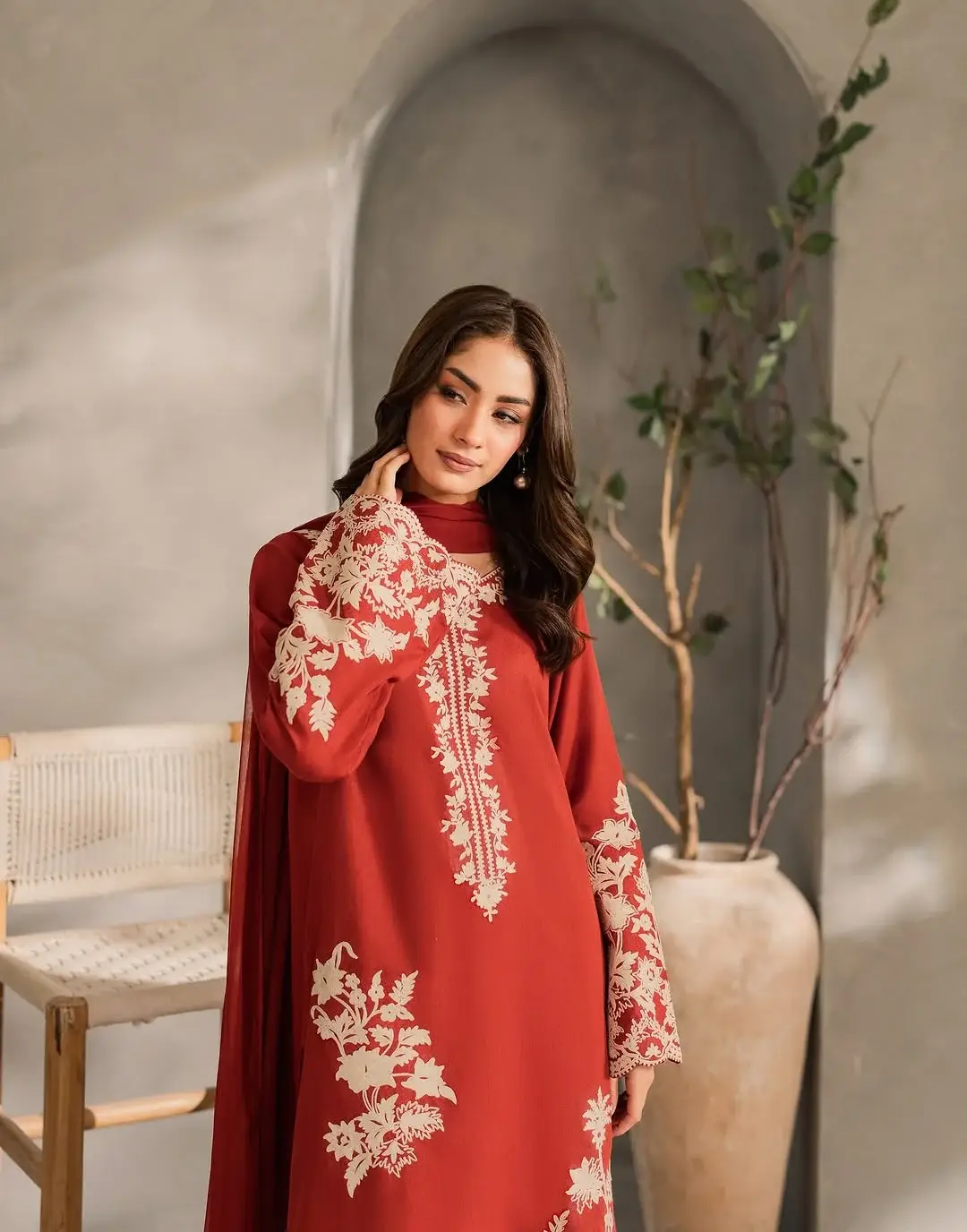 Exquisite Maroon Embroidered Linen Suit - 3 Pcs Set