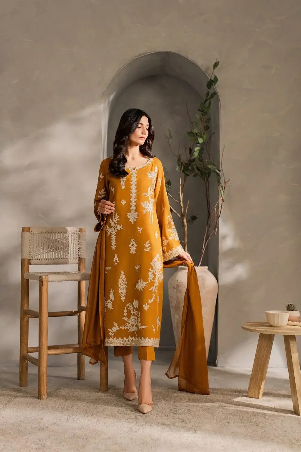 Chic Mustard Linen Embroidered Suit - 3 Pcs Set for Women's Fashion