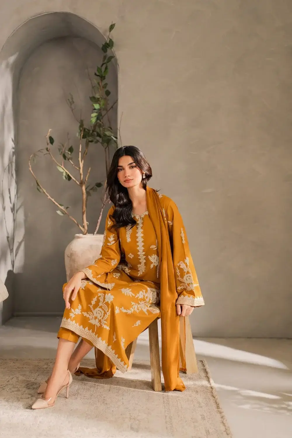 Chic Mustard Linen Embroidered Suit - 3 Pcs Set for Women's Fashion