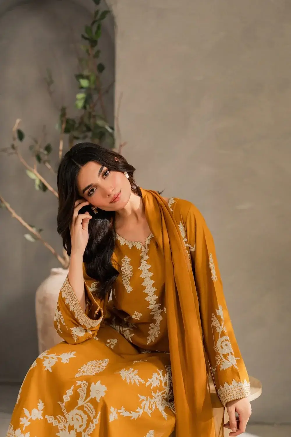 Chic Mustard Linen Embroidered Suit - 3 Pcs Set for Women's Fashion