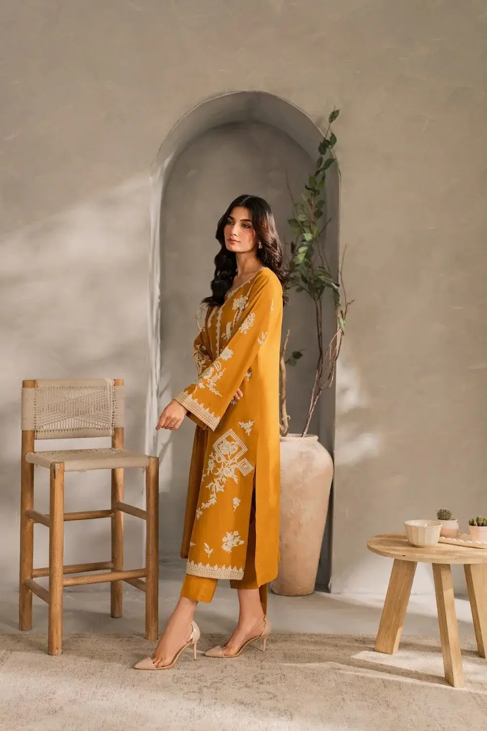 Chic Mustard Linen Embroidered Suit - 3 Pcs Set for Women's Fashion