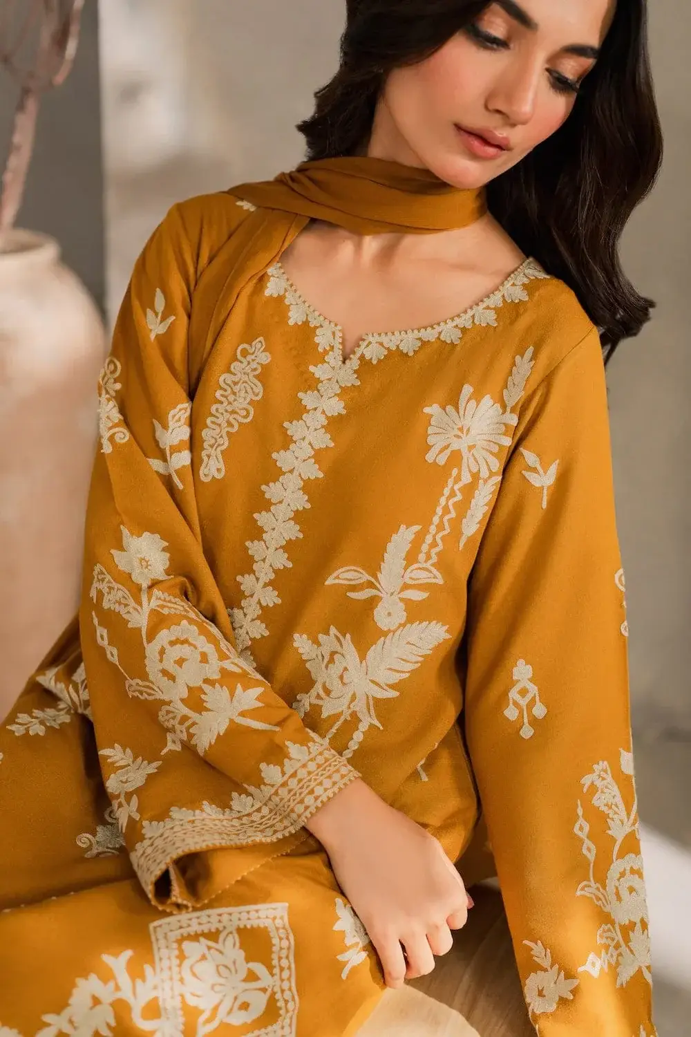 Chic Mustard Linen Embroidered Suit - 3 Pcs Set for Women's Fashion