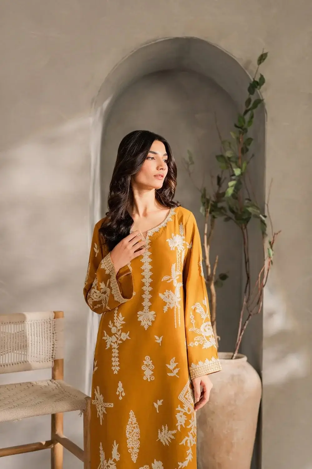 Chic Mustard Linen Embroidered Suit - 3 Pcs Set for Women's Fashion