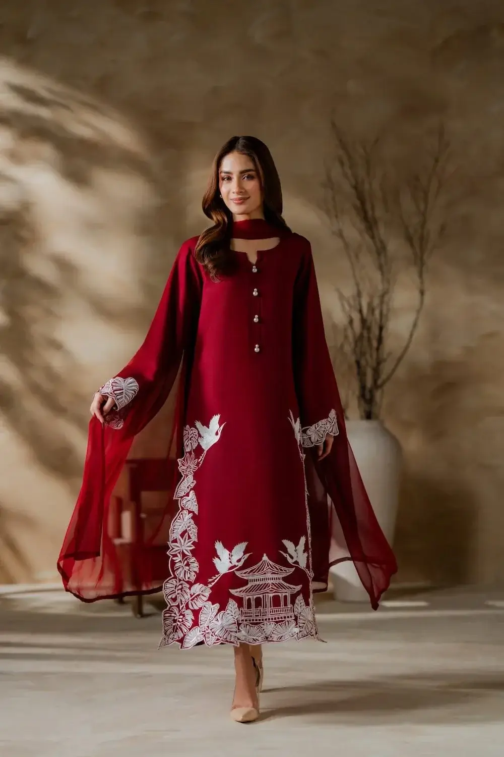 Elegant Maroon 3 Pcs Women's Stitched Linen Suit with Embroidered Detail