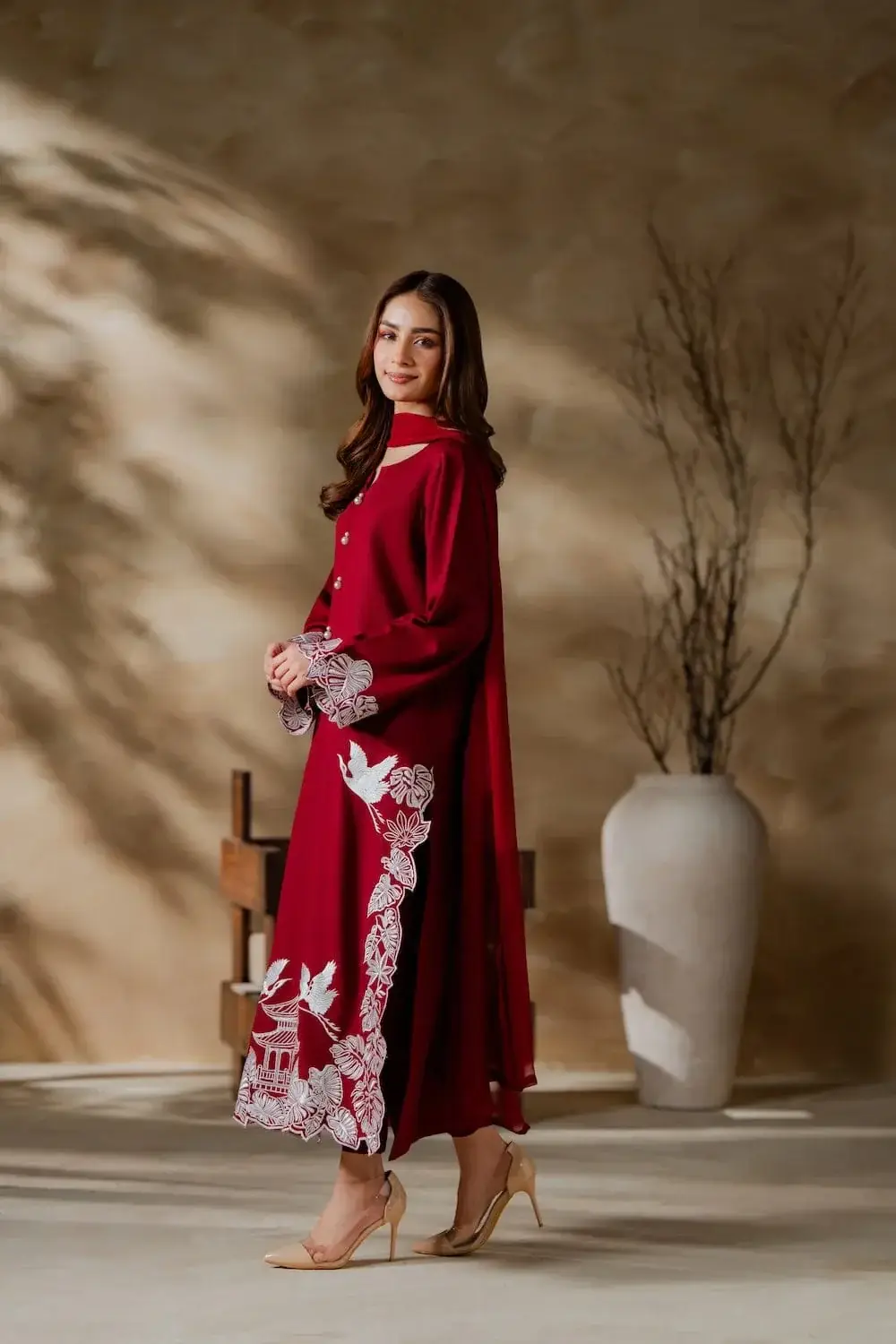 Elegant Maroon 3 Pcs Women's Stitched Linen Suit with Embroidered Detail