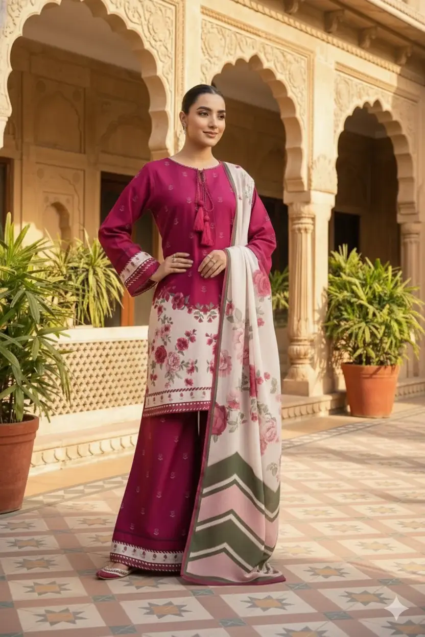 Beautifully Printed Silk Suit for Women - 3 Pcs Set