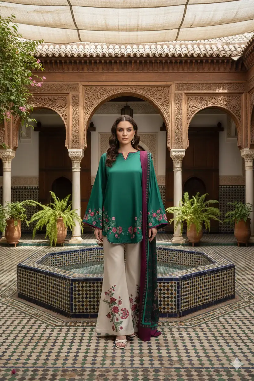 Stunning Printed Silk Suit - 3 Pcs Set in Green