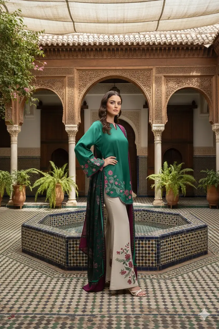 Stunning Printed Silk Suit - 3 Pcs Set in Green