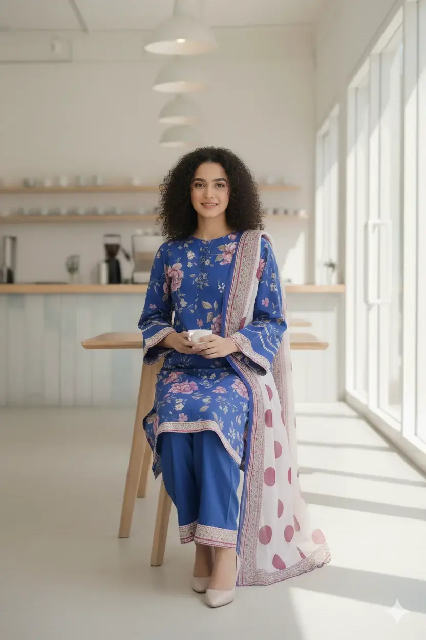Stylish 3 Pcs Women's Stitched Suit in Blue Printed Lawn