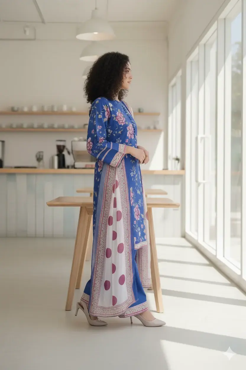 Stylish 3 Pcs Women's Stitched Suit in Blue Printed Lawn