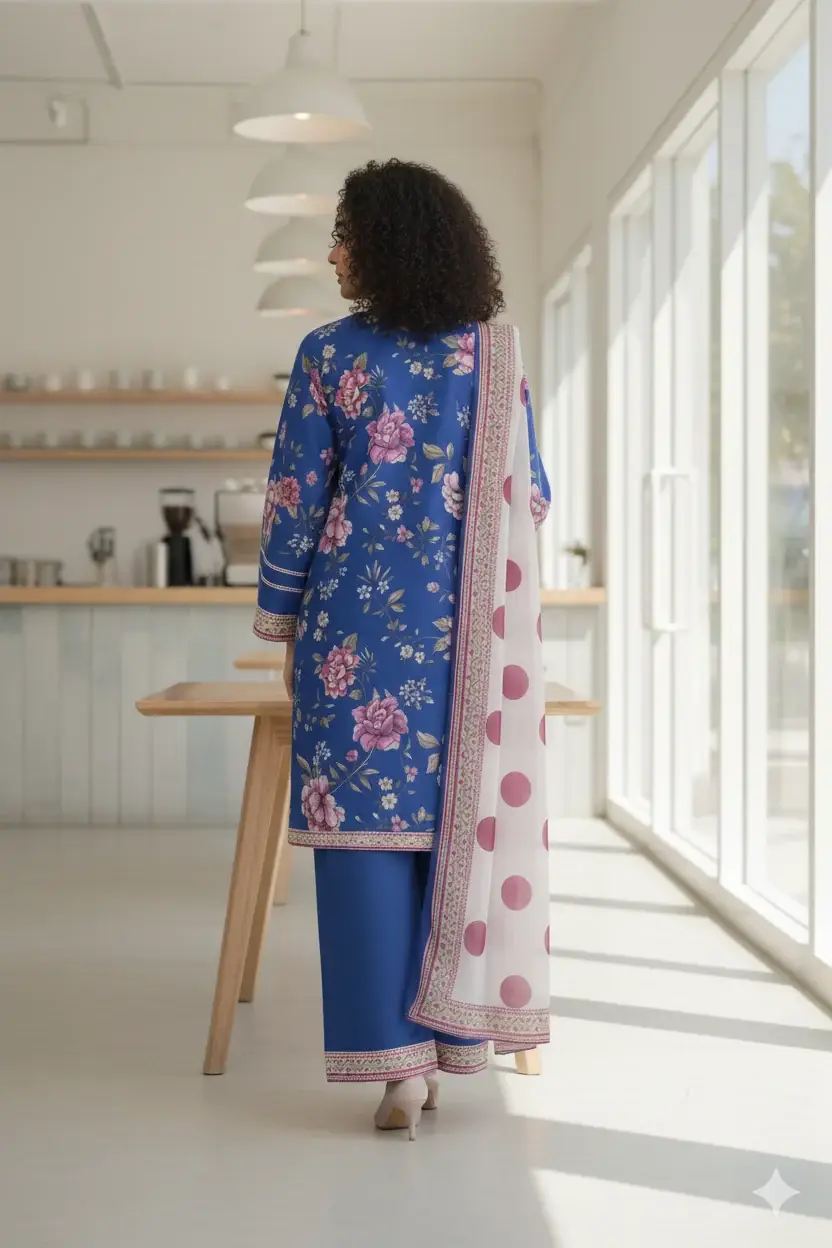 Stylish 3 Pcs Women's Stitched Suit in Blue Printed Lawn