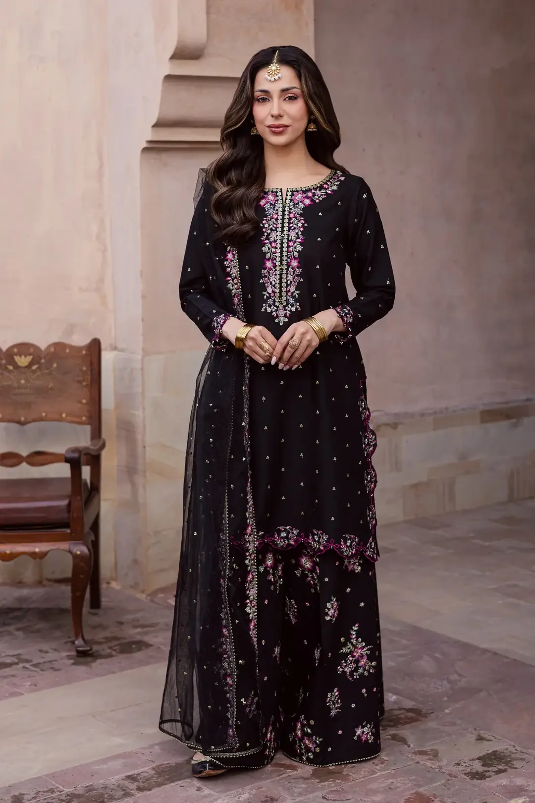 Elegant Black Embroidered Cotton Suit - 3 Pcs Set in Crinkle Chiffon