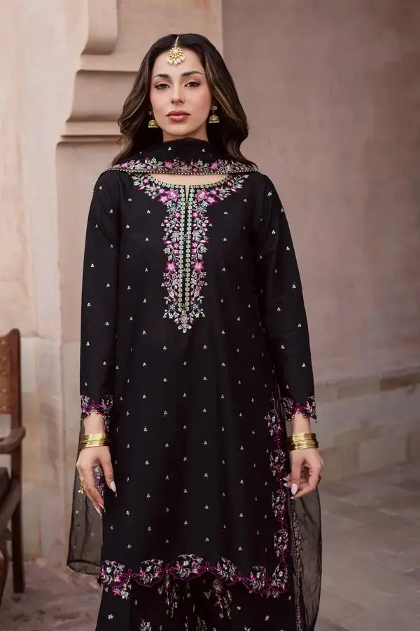 Elegant Black Embroidered Cotton Suit - 3 Pcs Set in Crinkle Chiffon