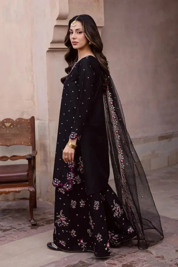 Elegant Black Embroidered Cotton Suit - 3 Pcs Set in Crinkle Chiffon