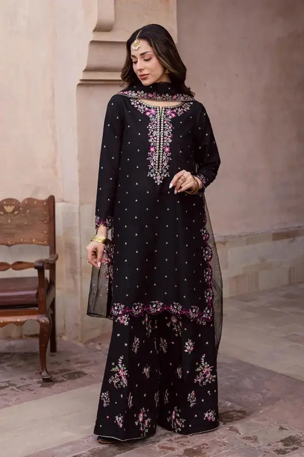Elegant Black Embroidered Cotton Suit - 3 Pcs Set in Crinkle Chiffon